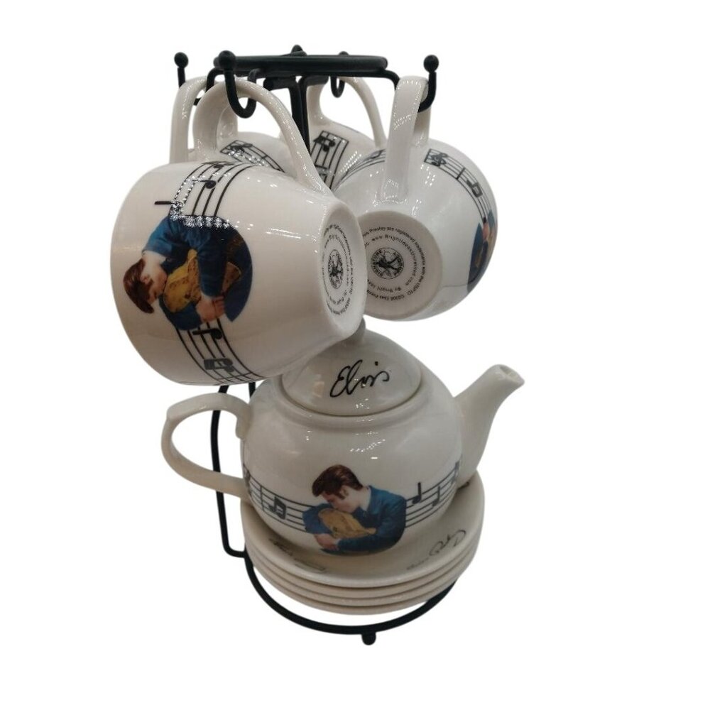 Elvis Presley Themed Tea Set With Teapot 4 Cups & Saucers On Metal Stand